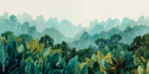 Lush green foliage and distant mountains create a serene scene