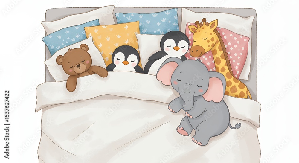 Fototapeta premium Animals sleeping in a bed illustration