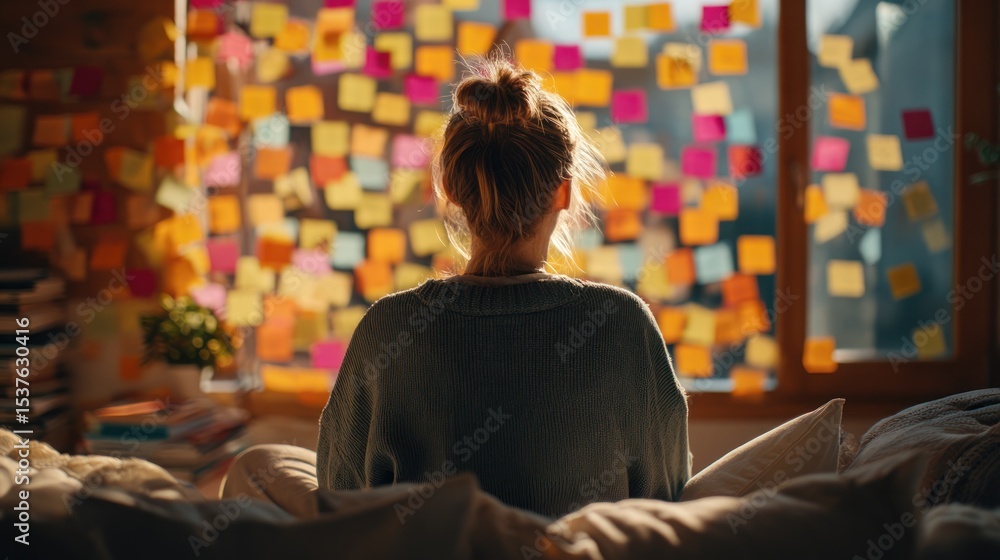 Obraz premium Woman sitting, gazing at colorful sticky notes on a window.