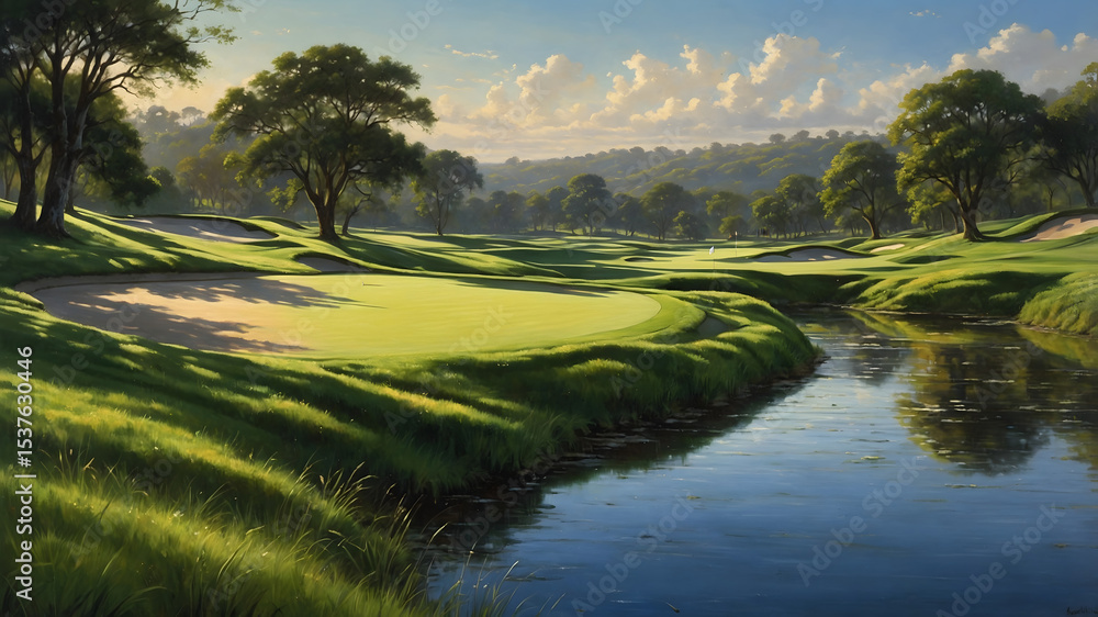Obraz premium Scenic Golf Course Landscape: A picturesque view of a meticulously manicured golf course, showcasing vibrant green fairways, tranquil water features, and the beauty of nature.