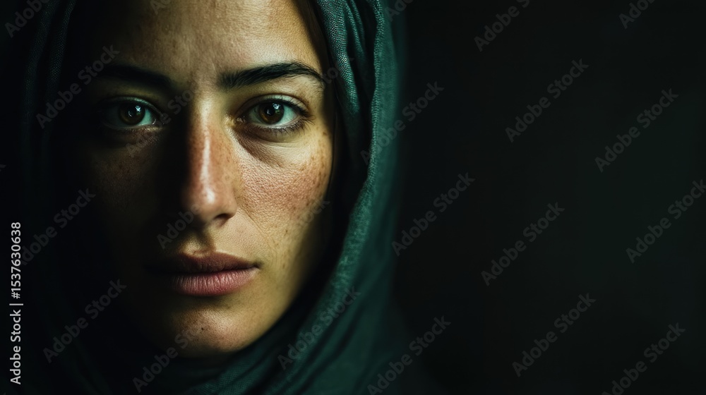 A close-up portrait of a woman, wearing a headscarf, with a serious expression. A close-up portrait of a woman, wearing a headscarf, with a serious expression.