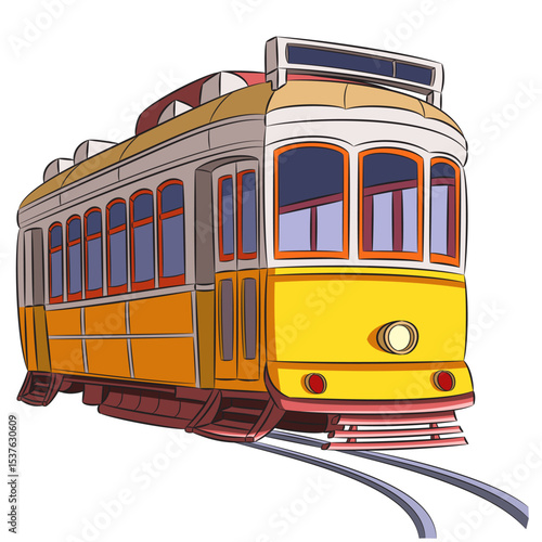 Yellow old tram in Lisbon isolated on white background