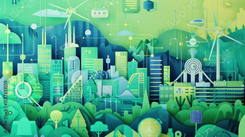 A detailed illustration of a smart city dashboard showcasing real-time environmental data and green infrastructure, representing technological advancements in sustainability