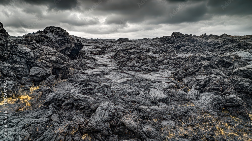 Obraz premium Dark Lavascape Under Overcast Sky in Volcanic Landscape Exploration