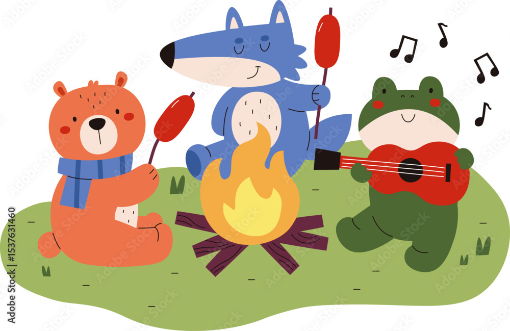 Fototapeta premium Animals Camping with Campfire