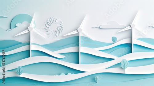 A detailed illustration of a wind turbine farm on a white background, symbolizing clean energy and sustainability, Simplified flat paper art illustration of