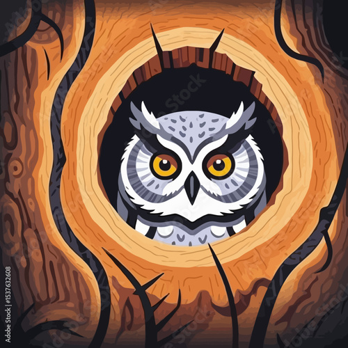 Wise Owl Perched in a Tree Hollow-A Captivating Gaze of Wildlife-Nature's Guardian-Enchanting Forest Scene-A Symbol of Wisdom and Mystery-Artistic Owl Illustration