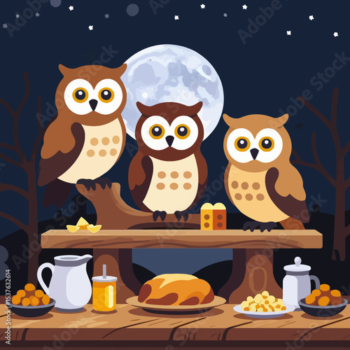 Whimsical Owl Feast Under Moonlight-A charming scene of three owls enjoying a nocturnal feast on a wooden table beneath a luminous full moon-Perfect for autumn or Halloween themes