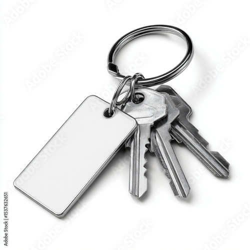 keychain with keys and tag, realistic shadow, isolated on white background