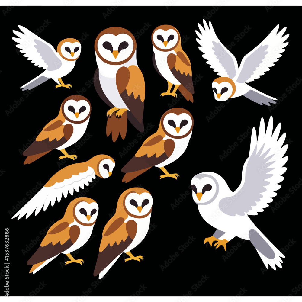 Obraz premium Cute Barn Owl Illustration-Adorable Owl Clipart-Vector Image of Cartoon Owls-Night Birds Graphic Design-Wildlife Artwork-Owl Art for Kids-Cartoon Animal Illustration
