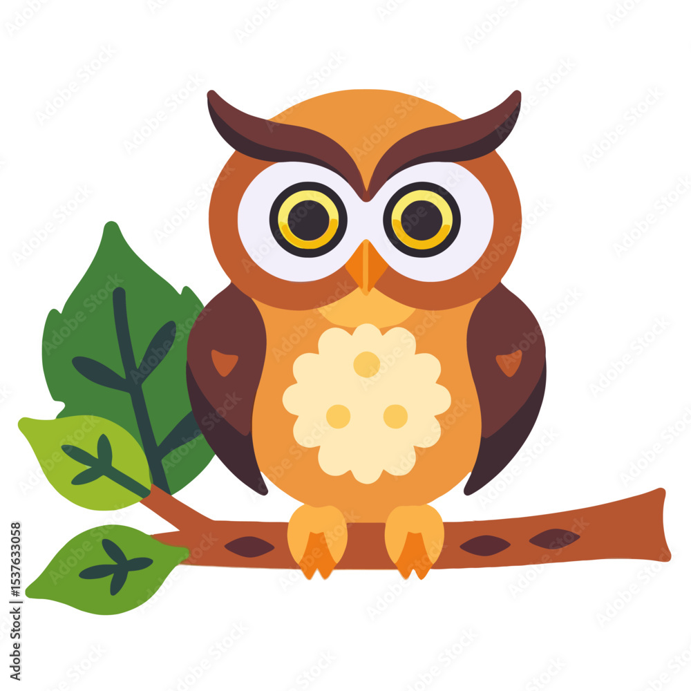 Fototapeta premium Cute Cartoon Owl Illustration-Whimsical Owl Perched on a Branch with Green Leaves-Adorable Graphic Design for Kids and Nature Lovers-Owl Clipart for Creative Projects