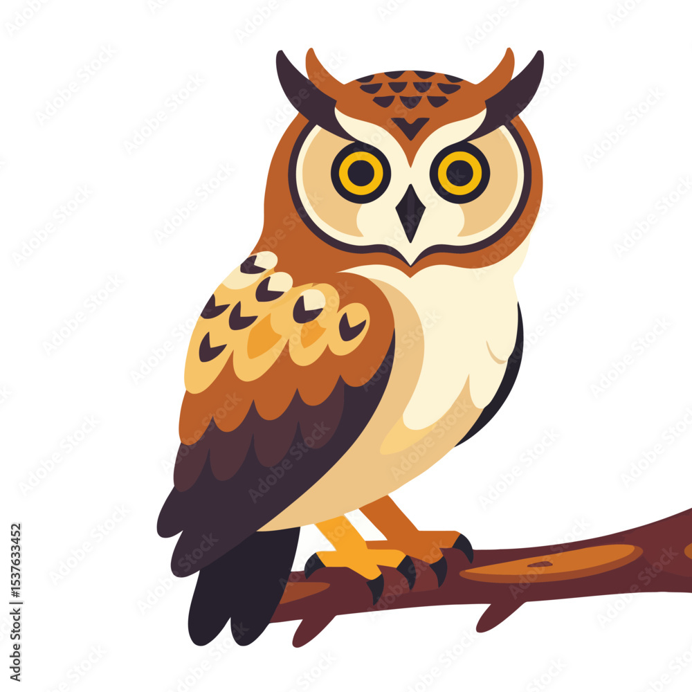 Fototapeta premium Illustration of a Wise Owl on a Branch- Cartoon Owl Character with Big Eyes- Nocturnal Bird Wildlife Art- Educational Kids Illustration- Animal Themed Design