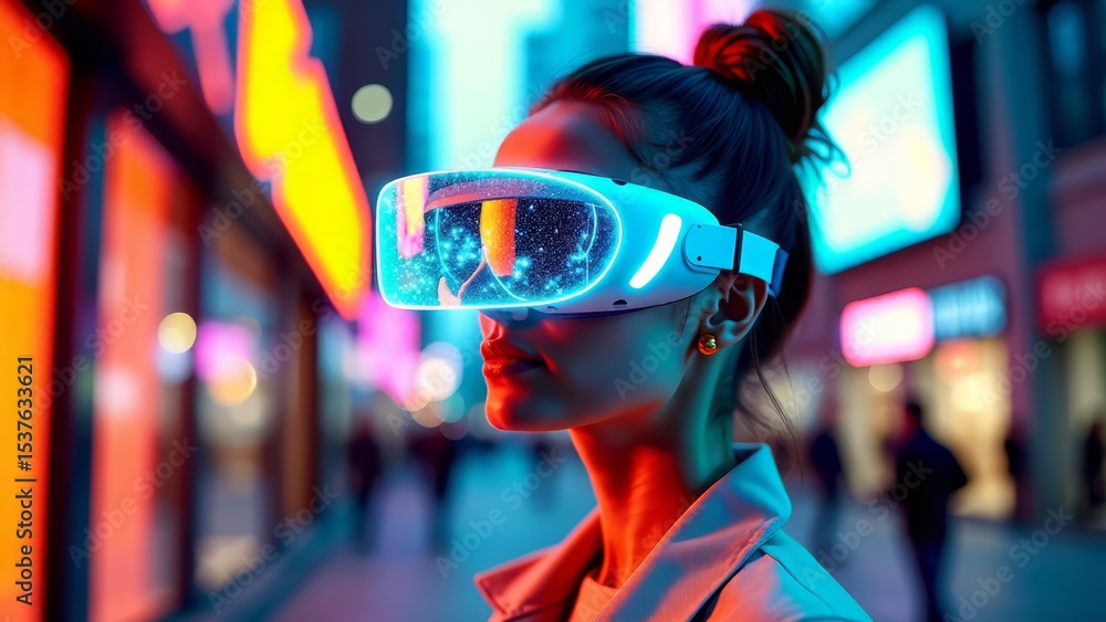Obraz premium Futuristic woman in vr headset on city street