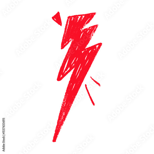 Red Hand draw thunder bolt with zappy doodle lines. Electric lightning flash energy symbol. Flat vector illustration isolated on white background.
