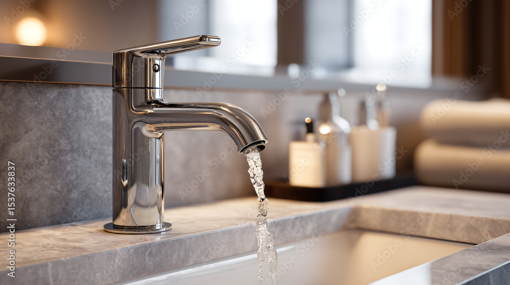 Water flowing from a chrome faucet into a white ceramic sink. Modern bathroom fixture with a clean water stream. Water flowing from a chrome faucet into a white ceramic sink. Modern bathroom fixture with a clean water stream.