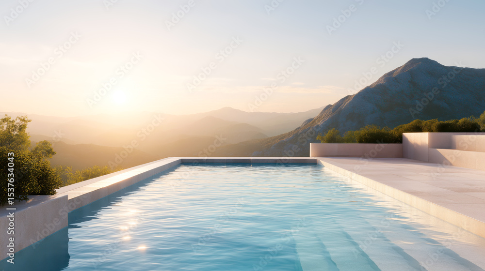 Fototapeta premium Infinity pool overlooking mountain landscape at sunset