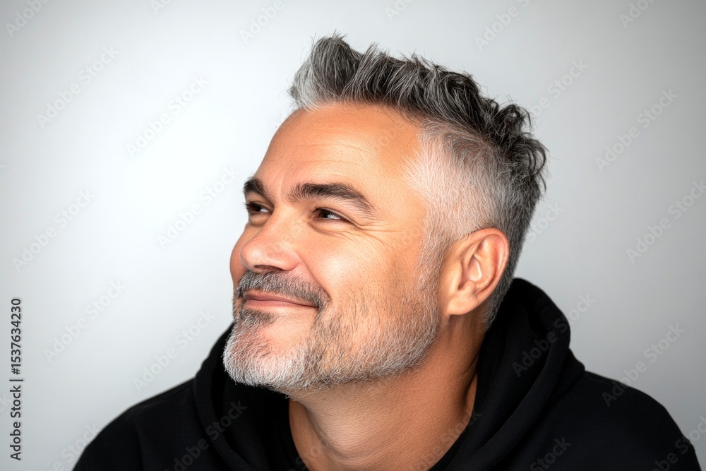 Fototapeta premium Fashionable men's short rebellious haircut - midlife white man with grey hair. A man with natural beauty and a confident stance. Pure white solid background. Creative of style for aging men.