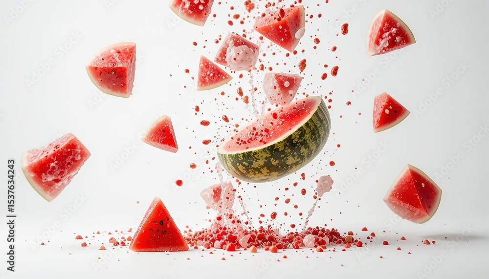 Fototapeta premium Scattered Watermelon Slices with Juice Splashes on White Background
