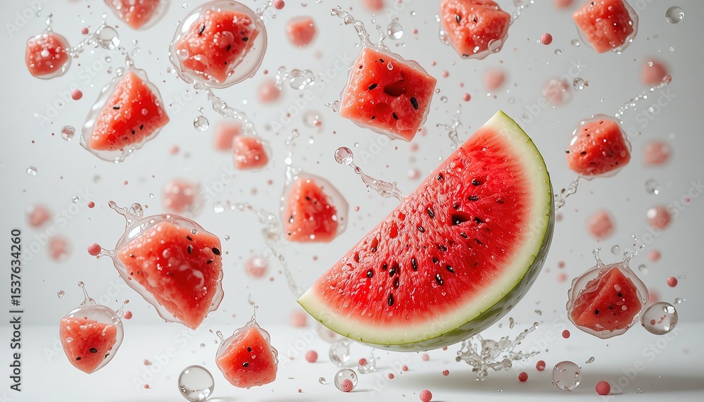 Fototapeta premium Scattered Watermelon Slices with Juice Splashes on White Background