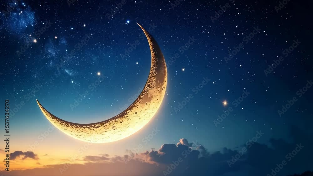 Crescent moon glows brightly against the dark blue starry night sky over a silhouetted forest at twilight Crescent moon glows brightly against the dark blue starry night sky over a silhouetted forest at twilight