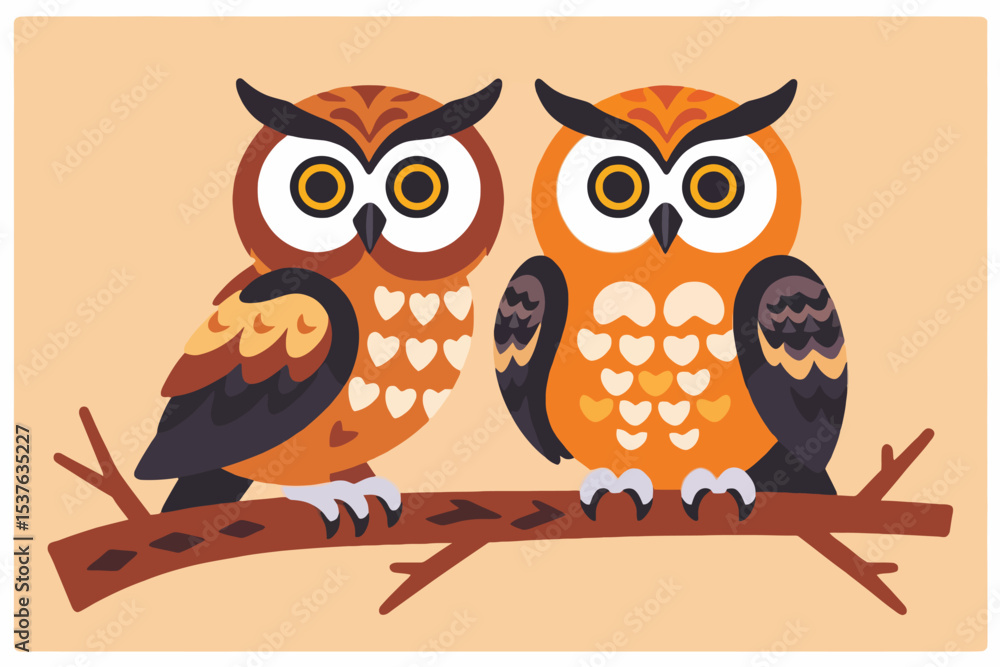 Fototapeta premium Cute Owls on a Branch-Illustration of Two Owls-Adorable Owls Artwork-Owl Illustration for Kids-Cartoon Owls on a Tree-Whimsical Owl Design-Owl Lovers Art