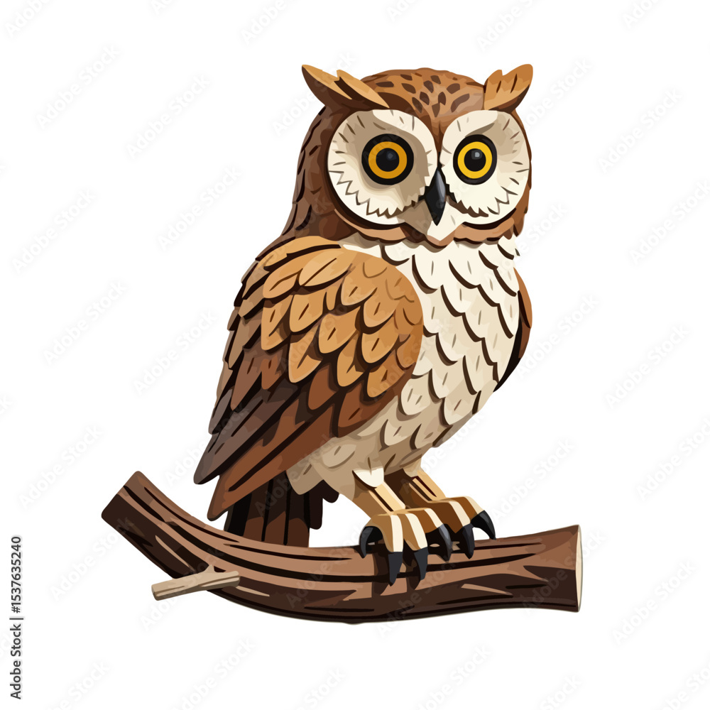 Naklejka premium Brown Paper Owl on Branch-Cute Cartoon Owl Illustration-Digital Artwork Owl with Detailed Feathers and Yellow Eyes-Unique Owl Graphic Design for Crafts