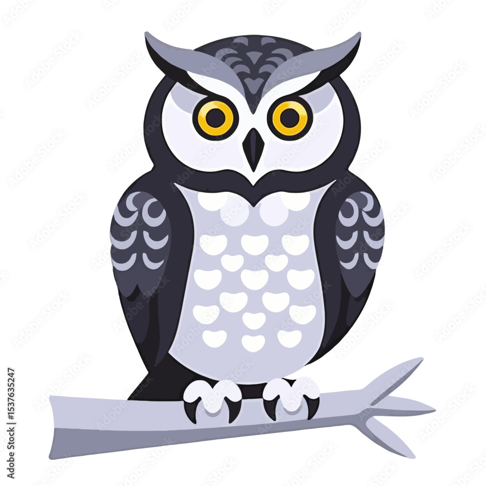 Naklejka premium Cartoon Owl Illustration-Cute Bird Perched on Branch-Wildlife Art for Kids-Educational Resources-Animal Clipart-Owl Design-Nature Illustration-Birdwatching Themes