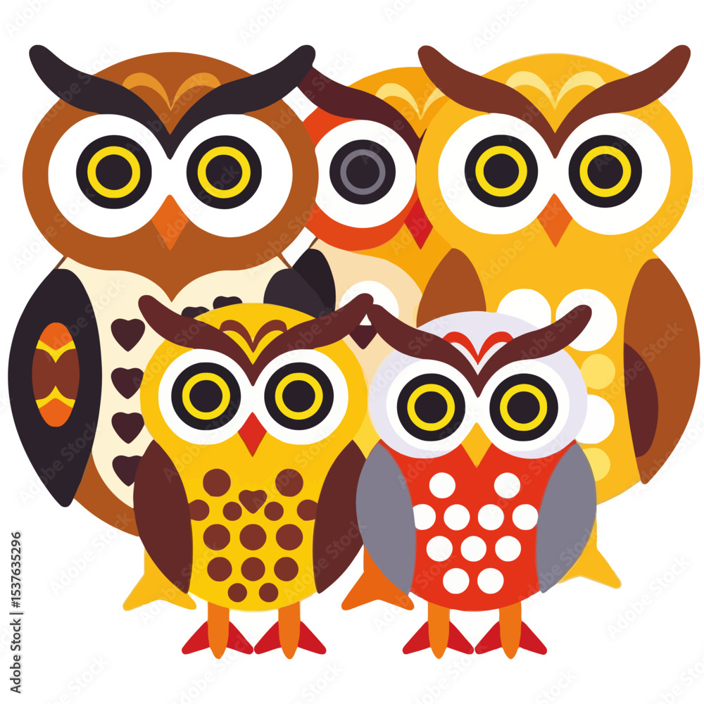 © ONCOM - Colorful Cartoon Owls Illustration - Cute Owl Family Graphic for Kids - Whimsical Animal Art Print Design-Bright Educational Vector Owls © ONCOM - Colorful Cartoon Owls Illustration - Cute Owl Family Graphic for Kids - Whimsical Animal Art Print Design-Bright Educational Vector Owls