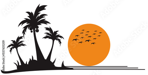 silhouette of a black palm tree with a moon on a white background