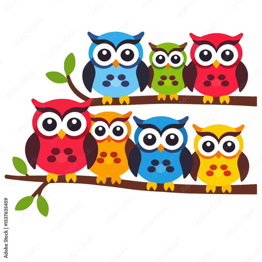 Fototapeta premium Colorful Owls on Branch-Cute Cartoon Owls-Whimsical Bird Illustration-Kids Room Decor-Educational Print-Owl Art for Children-Bright and Cheerful Design