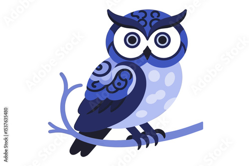 Cute Blue Owl Illustration-Whimsical Bird on Branch-Owl Art for Kids-Decorative Owl Graphic-Colorful Cartoon Owl Design-Adorable Owl on Perch