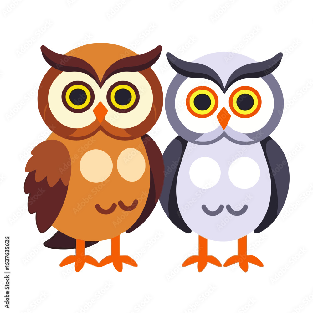 Obraz premium Cute Cartoon Owls Illustration-Two Adorable Owls with Big Eyes-Perfect for Kids Designs-Owl Vector Graphic-Whimsical Owl Characters-Friendly Owl Artwork