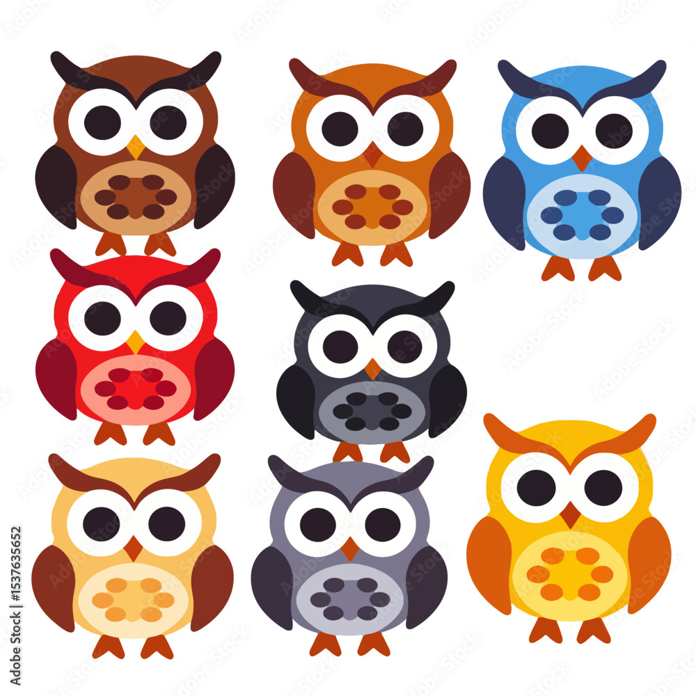 Fototapeta premium Cute Colorful Owl Illustration-Whimsical Cartoon Owls in Multiple Colors-Adorable Vector Owls for Kids-Owl Clipart Set-Bright and Playful Owl Graphics-Nine Owls Grouped Together