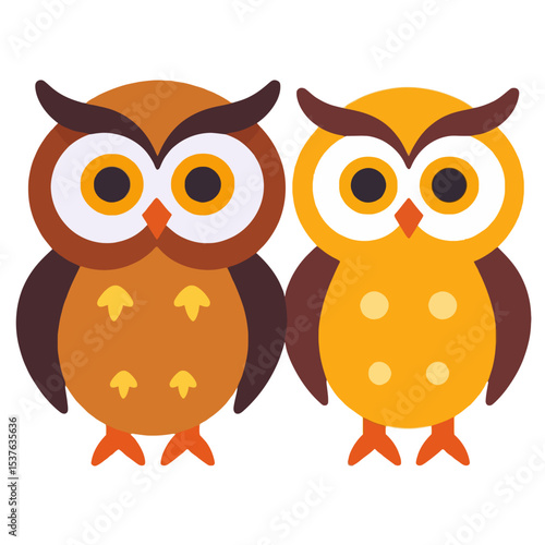 Cute Cartoon Owls Illustration-Whimsical Owl Art Design-Adorable Bird Graphics-Playful Animal Clipart-Kids Room Decor Ideas-Brown and Yellow Owls Drawing