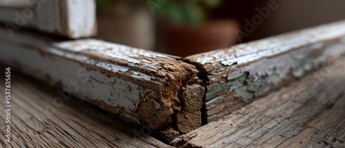 Weathered wood corner with flaking paint