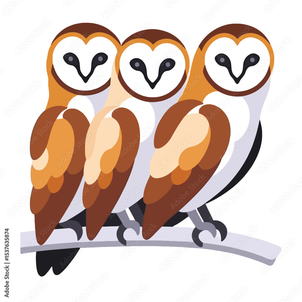 Obraz premium Three Barn Owls Perched-Cute Cartoon Owls-Owl Illustration-Wildlife Art-Animal Clipart-Bird Graphics-Brown and White Owls-Owl Lovers Gift-Owl Decor-Nature Illustration