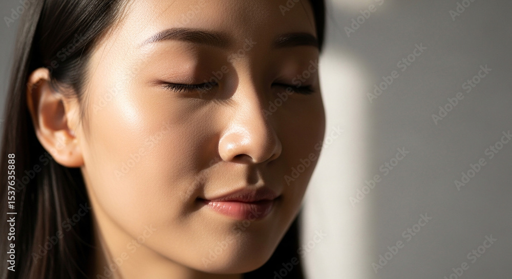 Fototapeta premium Serene young Asian woman with closed eyes, sunlit face, close-up portrait, skincare, beauty concept