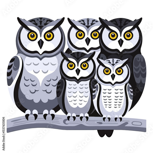Five Owls Perched on a Branch - Colorful Cartoon Owls Illustration - Cute Family of Owls Art - Owl Themed Design - Whimsical Bird Art for Kids