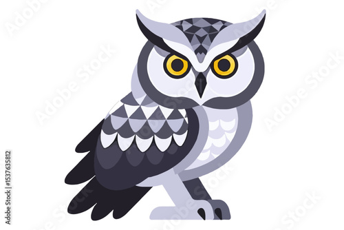 Illustration of a Wise Owl with Geometric Patterns-Stylized Owl Graphic with Yellow Eyes-Cute Owl Character Design for Kids and Adults