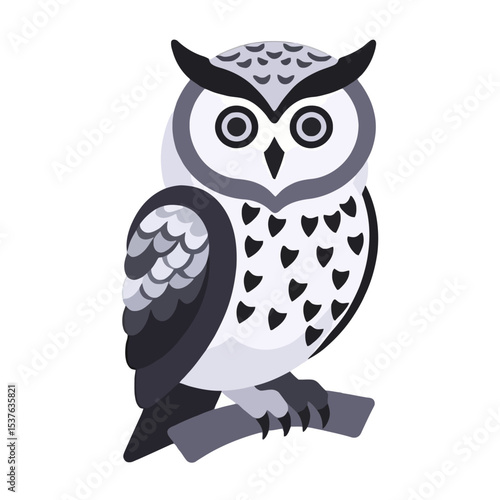 Monochrome Owl Illustration-Cute Cartoon Owl Perched on a Branch-Adorable Animal Vector Graphic-Owl Design for Kids and Nature Lovers