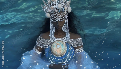 Yemanja emerges from the waters, surrounded by jewels and the mystical beauty of the ocean. A powerful representation of the divinity of the waters and their connection to nature.