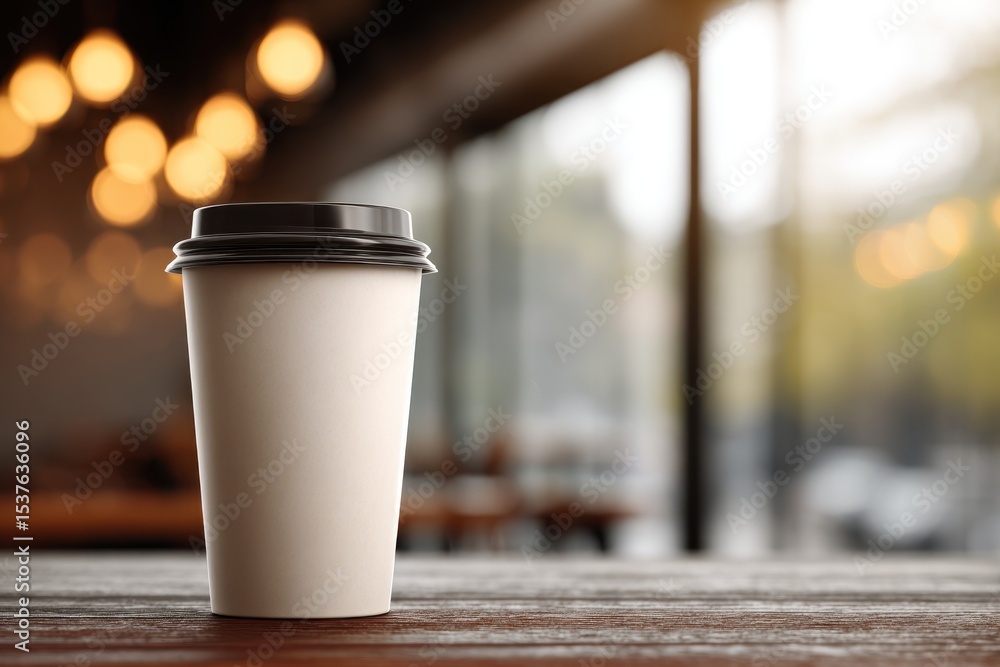 A coffee cup sits on a wooden table, in front of a blurred cafe setting. A coffee cup sits on a wooden table, in front of a blurred cafe setting.