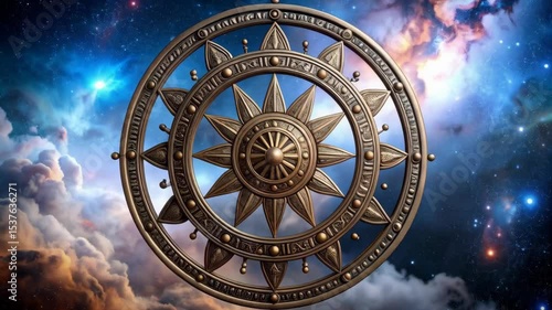 Ornamental gold Dharma wheel with lotus petals in a cosmic scene with clouds and galaxies in the background