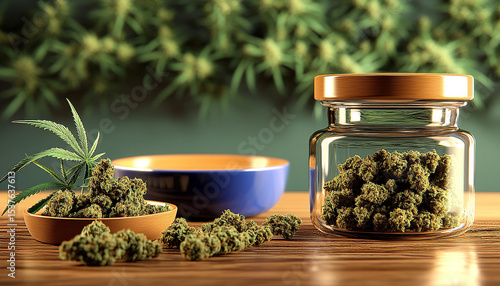 Cannabis cultivation and harvesting scene with a jar full of dried buds, a bowl with more flowers and leaves of the plant in an indoor setting. Ideal for cannabis industry, medicinal use and natural w