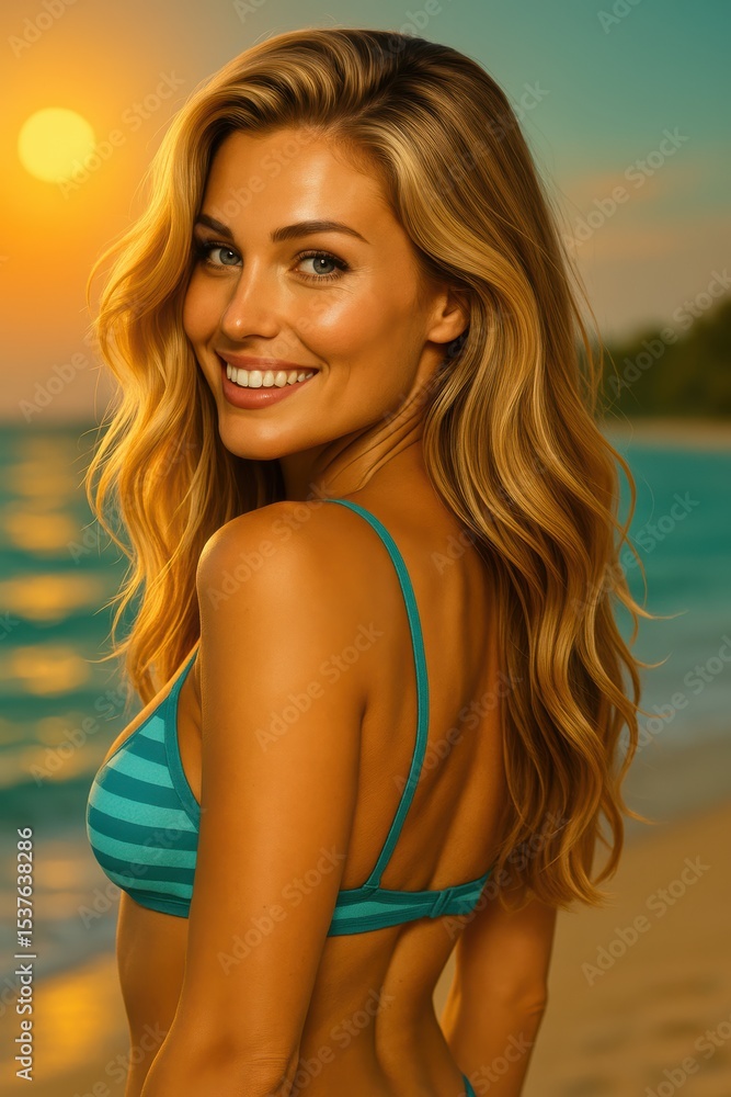 Smiling blonde woman at beach during sunset, perfect for health, beauty, and personal care branding visuals.
Smiling blonde woman at beach during sunset, perfect for health, beauty, and personal care branding visuals.