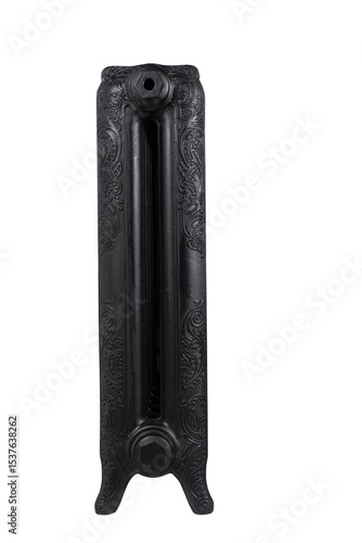 Black cast iron radiator on a white background, side view