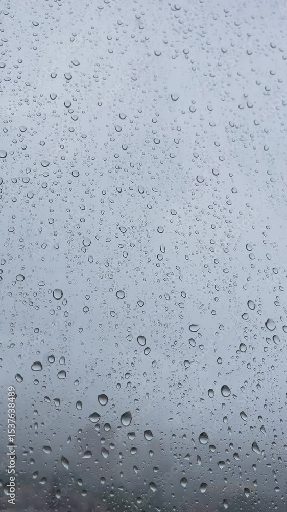 Raindrops on window glass during overcast rainy day Raindrops on window glass during overcast rainy day