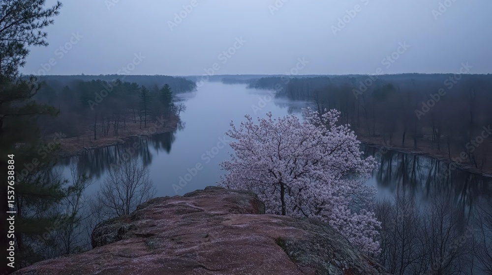 Fototapeta premium Tranquil Twilight View Over Calm River Surrounded by Blossoming Trees