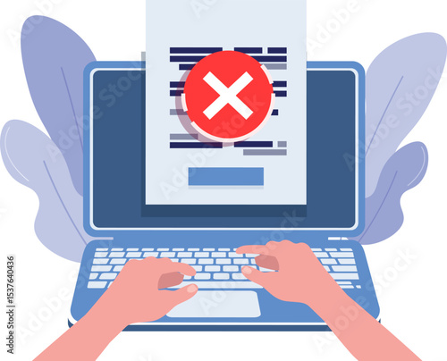 Cross warning or rejection message in data filling process. Pop-up appears failed to save data. Vector illustration of technical problem concept