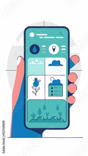 Mobile Smart Farming App Interface – Vector
Vector illustration of a hand holding smartphone with smart farm control app: irrigation, weather, crop data.